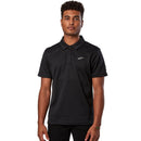 A person wearing the Realm Polo Shirt Black by Crown Kiwi Enterprises Limited stands against a white background. This polo features an embroidered logo on the chest, short sleeves, and a buttoned collar, crafted from jacquard mesh for enhanced breathability.