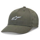 The ALPINESTARS Womens Spirited Hat is a dark green baseball cap with a curved bill featuring a white outlined logo resembling a stylized star on the front panel. It has black stitching, eyelets for ventilation, and an adjustable snapback fit.