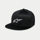 The Sprint Mesh Hat Black/White by Crown Kiwi Enterprises Limited features a black design with a white 3D embroidered stylized star logo on the front, complemented by a flat bill and athletic mesh texture for style and comfort.