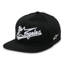 The Los Angeles Hat by Crown Kiwi Enterprises Limited is a stylish black baseball cap made from 100% cotton. It features a white 3D embroidered "Los Angeles" with a star on the front, a flat bill design, and an additional small star logo on the side for added flair.