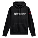 The Linear Wordmark Hoodie v3 by ALPINESTARS is a cotton-polyester blend fleece, featuring "alpinestars" in white on the chest. It includes a front pocket, drawstring hood, and a red ageless logo on the left sleeve for added style.