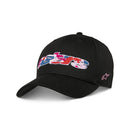 The Canyon Hat Black by Crown Kiwi Enterprises Limited is a black baseball cap featuring colorful camo fill embroidery in blue, red, and white across the front. Made from 100% cotton, it has a small pink star logo on the side and an adjustable snapback for any head size.