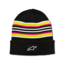 The ALPINESTARS Bolted Cuff Beanie in black showcases yarn-dyed stripes in white, pink, and yellow. It features a folded brim with a black patch displaying a white logo.