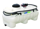The BE Pressure - ATV Spot Sprayer 95 lit, designed by BE Pressure Supply Ltd., boasts a white agricultural sprayer tank with a black screw-on lid, hose, and attached pump. Constructed from chemical-resistant polyethylene, it features an adjustable spot spray wand. Ideal for ATV spot sprayers, the brand name is elegantly printed in green and blue on the side.