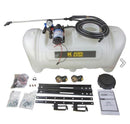 A white agricultural sprayer tank equipped with attached hoses, a pump, and a spray wand specifically designed for ATV-mounted use. Additional components include brackets, nozzles, hardware, and a user manual laid out below. The brand label "BE Pressure Supply Ltd." is visible on the tank, featuring adjustable pressure settings. It's the BE Pressure - ATV Skid Mount Sprayer with 3 Nozzle system.