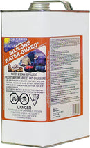 A 1-gallon rectangular container of Sno-Seal Silicone Water-Guard Spray features a top handle. The label includes product details, usage instructions, and warnings in English and French, accompanied by an image of shoes and outdoor gear.