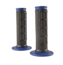 Four O'Neal MX PRO HALF WAFFLE DUAL COMP OPEN END grips from ONEAL are arranged vertically. Each grip, crafted from dual compound material, boasts a black textured handle paired with a vibrant flange and end cap. The colors presented from top to bottom are blue, gray, orange, and red.