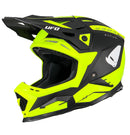 The UFO Echus Helmet in neon yellow and black features angular geometric designs, an alien logo near the back, and "UFO" branding. ECE 22.06 certified, it ensures top-notch safety for off-road adventures with its visor-equipped design.
