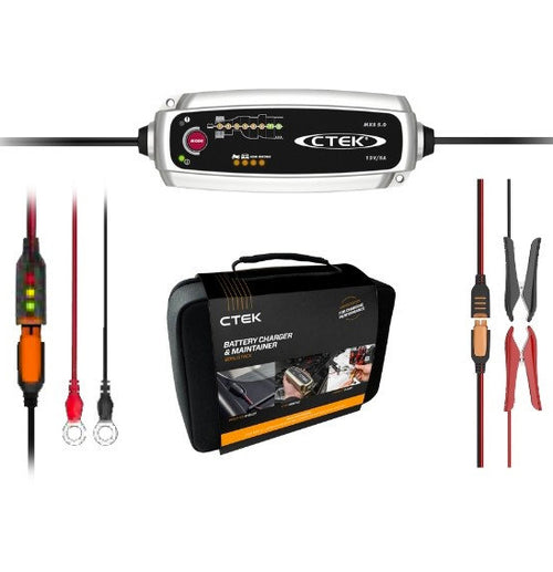 Image of the CTEK MXS 5.0 Battery Charger Bundle - PROMO PACK. The bundle features a battery charger with indicator lights, automatic temperature compensation, various connectors, and clamps. Also included is a CTEK-branded carrying case showcasing images of the charger in use.