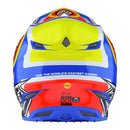 The SE5 ECE Composite Helmet Drop in White by Troy Lee Designs features bold red, blue, yellow, black, and white graphics, "Troy Lee Designs" text on the front and side, an open face design, multiple air vents, visor, and lightweight composite construction.