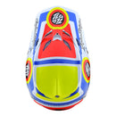 The SE5 ECE Composite Helmet Drop in White by Troy Lee Designs features bold red, blue, yellow, black, and white graphics, "Troy Lee Designs" text on the front and side, an open face design, multiple air vents, visor, and lightweight composite construction.