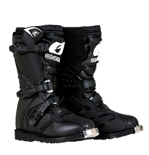 The O'Neal Youth RIDER Boot - Black features multiple adjustable buckles and boasts a prominent "O" logo on the front. These protective boots come equipped with reinforced toe caps, metal shank support, and rugged soles designed for off-road biking. Injection-molded plastic plates enhance durability and safety.