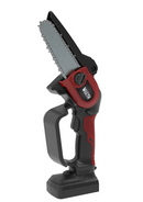 A handheld, battery-operated **Victa 18V Corvette Nano Saw - Skin** with a red and black ergonomic handle. The design features a visible chain and cutting blade, along with a trigger for operation. Its powerful motor and cordless mobility make it suitable for light-duty tasks such as pruning branches.