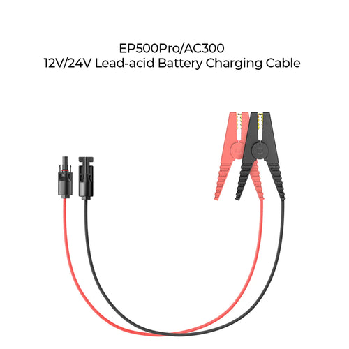 Image of the BLUETTI 12V/24V Lead Acid Battery Charging Cable for AC300/EP500P. The cable, branded by BLUETTI, features black and red clamps on one end and connectors on the other end, designed for efficient charging of lead-acid batteries. The product name is displayed above the cable on a white background.