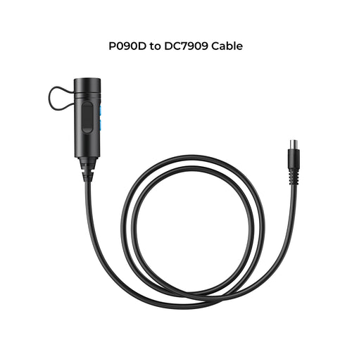 Image of a BLUETTI EXTERNAL BATTERY CONNECTION CABLE P090D TO DC7909 FOR AC180. The cable features a cylindrical connector with a ring at one end and a smaller, rounded connector at the other end. Ideal for linking Bluetti power stations or enabling power bank mode with external battery packs. The text "P090D to DC7909 Cable" is displayed above the cable.