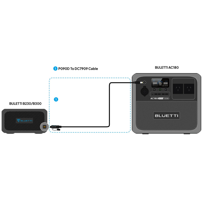 Image of a BLUETTI EXTERNAL BATTERY CONNECTION CABLE P090D TO DC7909 FOR AC180. The cable features a cylindrical connector with a ring at one end and a smaller, rounded connector at the other end. Ideal for linking Bluetti power stations or enabling power bank mode with external battery packs. The text "P090D to DC7909 Cable" is displayed above the cable.