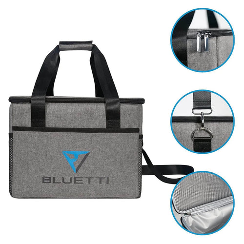 The BLUETTI Carry Bag for EB70/EB55/AC60/AC70 is a gray portable cooler bag with black trim and the "BLUETTI" logo prominently displayed on the front. It is crafted to complement your EB70 and includes a top handle along with an adjustable shoulder strap. The design also incorporates mesh pockets on the sides for additional storage.