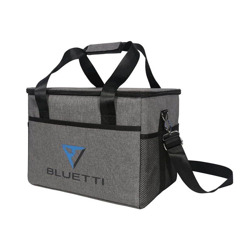 The BLUETTI Carry Bag for EB70/EB55/AC60/AC70 is a gray portable cooler bag with black trim and the "BLUETTI" logo prominently displayed on the front. It is crafted to complement your EB70 and includes a top handle along with an adjustable shoulder strap. The design also incorporates mesh pockets on the sides for additional storage.