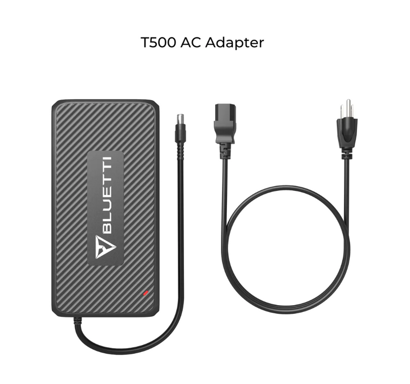 Here is an image of the BLUETTI T500 AC Adapter for AC200MAX, B230, and EP500. The adapter boasts a rectangular black body with a textured surface, prominently displaying the BLUETTI logo. It comes equipped with a black power cord featuring a barrel connector and an AC power cord with a plug, making it ideal for powering your BLUETTI power station. The text "T500 AC Adapter" is displayed above.