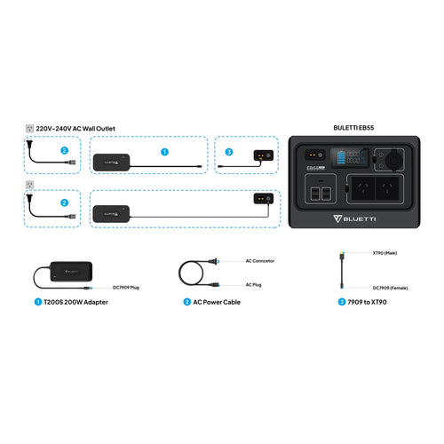 Image showing the BLUETTI T200S AC Adapter for EB55, EB70, and B80. The adapter is black and rectangular with a power cord attached on one end and prominently displays the BLUETTI logo. Beside the adapter is a detachable power cable with a European plug, ideal for powering your EB55, EB70, or B80 devices. The background is white.