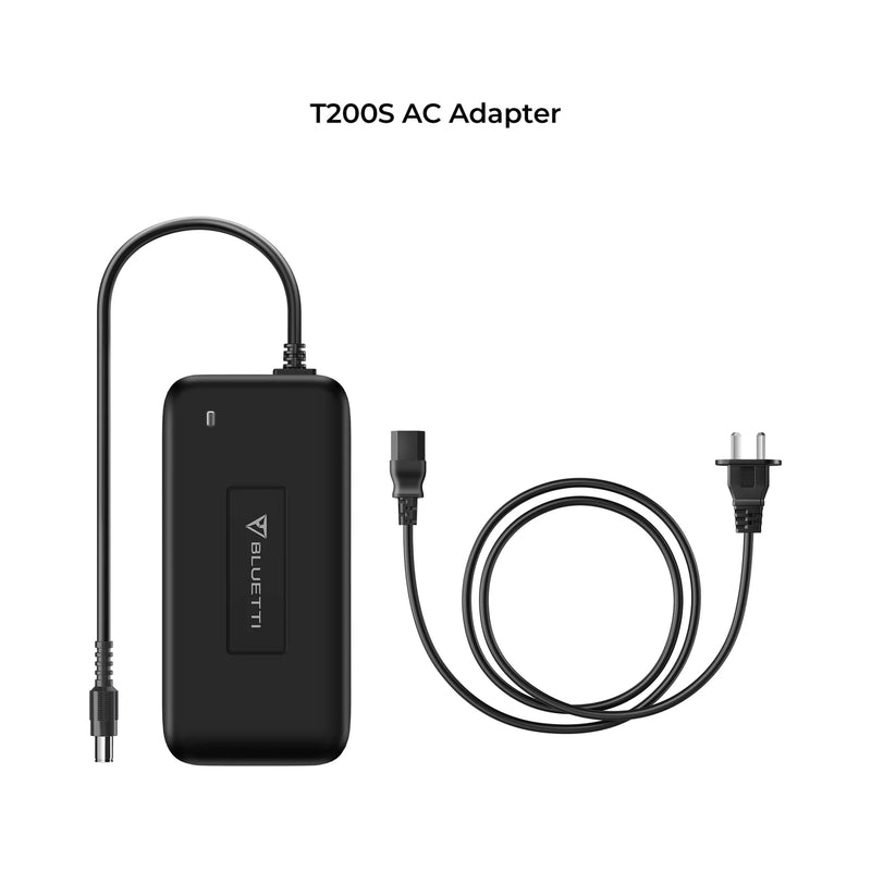 Image showing the BLUETTI T200S AC Adapter for EB55, EB70, and B80. The adapter is black and rectangular with a power cord attached on one end and prominently displays the BLUETTI logo. Beside the adapter is a detachable power cable with a European plug, ideal for powering your EB55, EB70, or B80 devices. The background is white.