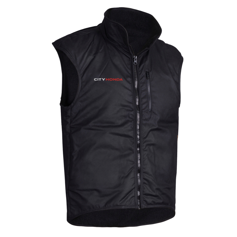 The Styx Mill X City Honda Oilskin Vest by STYX MILL is a sleeveless black vest with a zip front, chest zip pocket, and "CITY HONDA" embroidered in white and red on the left chest.