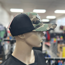 Front and rear views of the 100% cotton camouflaged Honda Cap Camo. The front features a prominent "HONDA" logo with a stylized wing above the text, while the back of the cap is black mesh with an adjustable snapback strap by HRC.