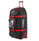 A large, black and red O'NEAL x OGIO RIG 9800 Gear Bag by ONEAL is standing upright. This travel bag is designed with multiple compartments, zippers, and adjustable straps. The SLED system ensures extra durability, while the OGIO logo is prominently displayed on the front alongside the text "ENJOY THE RIDE.