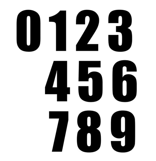 F&D's Race Numbers set features bold black digits from 0 to 9, each standing 6 feet high and arranged in a grid with three rows. The first row includes the numbers 0, 1, 2, and 3; the second row contains the numbers 4, 5, and 6; and the third row consists of the numbers 7, 8, and 9. Each unit comes with three pieces.