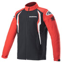 The Alpinestars Honda Softshell Jacket by Crown Kiwi Enterprises Limited is a fashionable piece with red sleeves and a black body showcasing white accents. It prominently features the Honda logo on the chest and sleeves, along with a zippered front for a classic appearance.