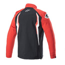 The Alpinestars Honda Softshell Jacket by Crown Kiwi Enterprises Limited is a fashionable piece with red sleeves and a black body showcasing white accents. It prominently features the Honda logo on the chest and sleeves, along with a zippered front for a classic appearance.