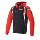 Introducing the Honda Zip Hoodie by Crown Kiwi Enterprises Limited: This striking red and black hooded fleece features the iconic Honda logo on both the chest and sleeve. Designed with Alpinestars flair, it boasts a drawstring hood and contrasting white stripes on the front for a sporty finish.