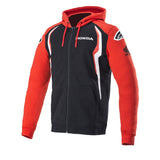 Introducing the Honda Zip Hoodie by Crown Kiwi Enterprises Limited: This striking red and black hooded fleece features the iconic Honda logo on both the chest and sleeve. Designed with Alpinestars flair, it boasts a drawstring hood and contrasting white stripes on the front for a sporty finish.