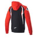 Introducing the Honda Zip Hoodie by Crown Kiwi Enterprises Limited: This striking red and black hooded fleece features the iconic Honda logo on both the chest and sleeve. Designed with Alpinestars flair, it boasts a drawstring hood and contrasting white stripes on the front for a sporty finish.