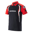 A sleek Honda polo shirt by ALPINESTARS, with a black and red design featuring the iconic "HONDA" logo in white on the front. It has striking red sleeves with a black and white emblem on the right sleeve and is complemented by a classic black collar.