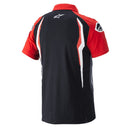 A sleek Honda polo shirt by ALPINESTARS, with a black and red design featuring the iconic "HONDA" logo in white on the front. It has striking red sleeves with a black and white emblem on the right sleeve and is complemented by a classic black collar.