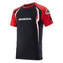 The Alpinestars Honda Tee Shirt by Crown Kiwi Enterprises Limited is a black and red cotton piece displaying the iconic Honda logo in white across the chest. It features short sleeves with eye-catching red and white accents on the shoulders and an Alpinestars-inspired graphic along the sides.