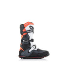 ALPINESTARS' Tech-T Trials Boots are crafted from full-grain leather in black, white, and orange. They feature adjustable buckles for a secure fit, ankle protection, and a rugged tread for off-road or motorcycling use.