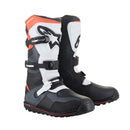 ALPINESTARS' Tech-T Trials Boots are crafted from full-grain leather in black, white, and orange. They feature adjustable buckles for a secure fit, ankle protection, and a rugged tread for off-road or motorcycling use.