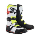 The Tech-T Trials Boots by Crown Kiwi Enterprises Limited are off-road motorcycle boots featuring black, white, neon yellow, and red accents. They include three buckle closures and a rugged rubber compound sole for protective and comfortable riding.
