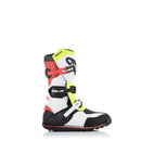 The Tech-T Trials Boots by Crown Kiwi Enterprises Limited are off-road motorcycle boots featuring black, white, neon yellow, and red accents. They include three buckle closures and a rugged rubber compound sole for protective and comfortable riding.