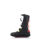 The Tech-T Trials Boots by Crown Kiwi Enterprises Limited are off-road motorcycle boots featuring black, white, neon yellow, and red accents. They include three buckle closures and a rugged rubber compound sole for protective and comfortable riding.