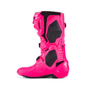 The bright pink Tech-10 MX Boots by Crown Kiwi Enterprises Limited feature black accents, Dynamic Heel Compression Protector, sturdy grip soles, and adjustable straps for a secure fit. The design shows off brand logos and highlights the front and side views.