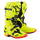 ALPINESTARS Tech-10 MX Boots Yellow Fluoro have neon orange soles, black accents, and logos. Featuring Dynamic Heel Compression Protector and multiple adjustable buckles, they're designed for durability and high performance in motorsports.