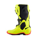 ALPINESTARS Tech-10 MX Boots Yellow Fluoro have neon orange soles, black accents, and logos. Featuring Dynamic Heel Compression Protector and multiple adjustable buckles, they're designed for durability and high performance in motorsports.