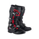 The ALPINESTARS Tech-7 MX Boots are black with red accents and silver buckles, offering reinforced shin protection, impact resistance, and a striking red star logo for superior off-road performance.