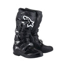 Presenting ALPINESTARS Tech-7 MX Boots Black: these black motocross boots offer reinforced shin protection, thick soles, and adjustable metal buckles with a bold white star logo for unmatched off-road performance and impact resistance.