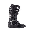 Presenting ALPINESTARS Tech-7 MX Boots Black: these black motocross boots offer reinforced shin protection, thick soles, and adjustable metal buckles with a bold white star logo for unmatched off-road performance and impact resistance.