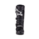 Presenting ALPINESTARS Tech-7 MX Boots Black: these black motocross boots offer reinforced shin protection, thick soles, and adjustable metal buckles with a bold white star logo for unmatched off-road performance and impact resistance.