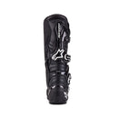Presenting ALPINESTARS Tech-7 MX Boots Black: these black motocross boots offer reinforced shin protection, thick soles, and adjustable metal buckles with a bold white star logo for unmatched off-road performance and impact resistance.